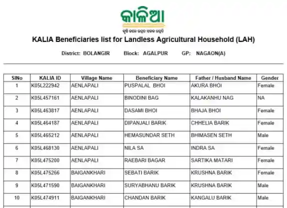 Kalia Yojana New List